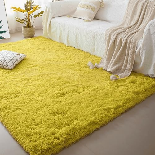 DYINDUN Flauschiger Hochflor Teppich 110 x 160 cm Flauschige Teppiche Schlafzimmer Pflegeleicht Und Einfarbig Fürs Flur,Küche, Wohnzimmer, Schlafzimmer, Gelb
