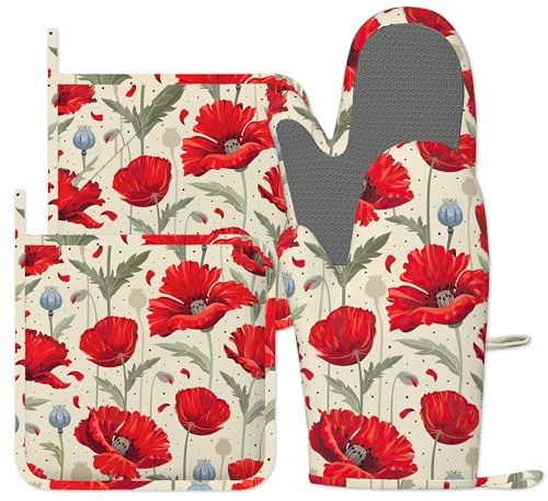 Red Poppy Flowers Oven Gloves, 4pcs Oven Mitts & Pot Holders Heat Resistant and Non-Slip Silicone Gloves for Cooking, Baking, BBQ, Kitchen Decor Gift