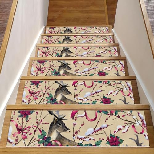 RODAILYCAY Alfombra para peldaños de escalera con patrón de ciervo, 15 almohadillas antideslizantes para peldaños de madera en interiores, protectores de escalones reutilizables para niños, ancianos y