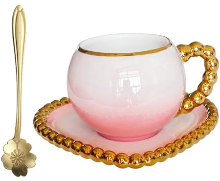 Juego de tazas de café con forma de flor, 3 piezas, 300 ml, taza con platillo y cuchara dorada, diseño de flores, apto para microondas, apto para café, capuchino afternoon, elegante taza de cerámica