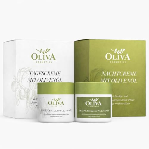 Oliva Cosmetics Tages und Nachtcreme Set mit Olivenöl, Feuchtigkeitsspendende Pflege für Trockene Haut, (50 ml + 50 ml)