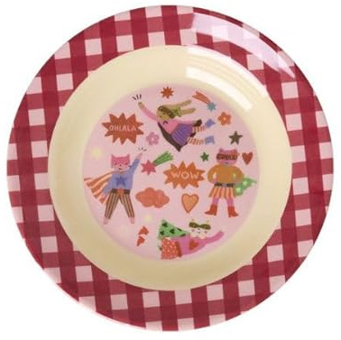 ReWu RICE Assiette creuse pour enfant en mélamine Ø 20 cm, 250 ml, motif « Super Hero », avec bord à carreaux rouge, sans BPA et adapté à un usage alimentaire, passe au lave-vaisselle (max. 70 °C)