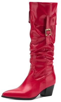 TNMIUH Bottes Genou Femmes Bout Pointu Talon Bloc 5cm Plissées Boucle | Bottes hautes 5cm talon bloc. Bottes plissées style slouchy élégantes pour automne, hiver, quotidien. Noir Blanc Rouge.
