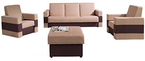 Polstergarnitur Gordia mit Bettkasten und Schlaffunktion, Sofa, Polsterhocker und Zwei Sessel, Wohnzimmer-Set (Soft 066 + Lux 02)
