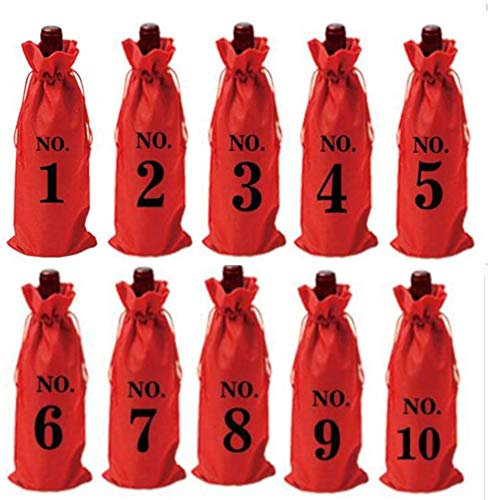 FülleMore 10 Stück Kordelzug Weinbeutel Blindverkostung Weinflasche Jutebeutel Sackleinen Geschenkbeutel Geschenktüten Weinprobe 1-10 Zahlen Flaschentüten Jutesäckchen 35x15cm (Rot)