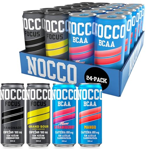 Nocco BCAA Mix Saveurs, 24 canettes x 330 ml Gourde énergétique fonctionnelle sans sucre Enrichie en vitamines. Contient de la caféine. Boissons pour sportifs