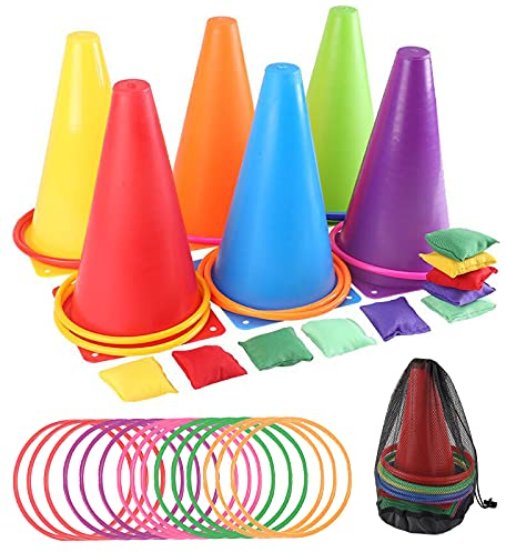 Coriver 32-teiliges Ringwurfspiel-Set, 3-in-1 Karnevalskombinations-Set mit Sitzsäcken, Kunststoffreifen, Kegelmarkern und Tragetasche, Agility-Trainings-Spiele für drinnen und draußen, Sportkurs, Hof