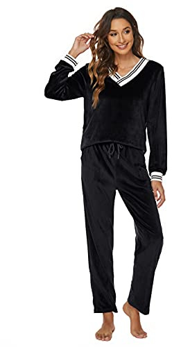 Ietaoo Sammetsoverall för dam 2-delad pyjamas set sportkläder vinterjogging V-hals tröja och byxor tröja kostym sportklädsel set nattkläder, svart, XL