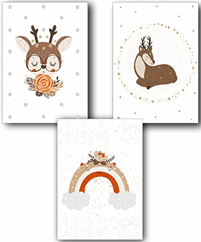 Manschin-Laserdesign 3er Set Wandbilder Kinderzimmer Poster | Din A3 & Din A4 | Babyzimmer Deko Mädchen Jungen Bilder Dekoration Aquarell Waldtiere skandinavisch (Din A4, P1021)