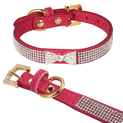LOVPE Katzenhalsband, Hundehalsband mit Diamant-Kristallschleife, goldene Strassschnalle und bequemes Samtleder mit 5 Reihen, glitzerndes Strasshalsband für kleine Hunde, mittelgroße Katzen (S,