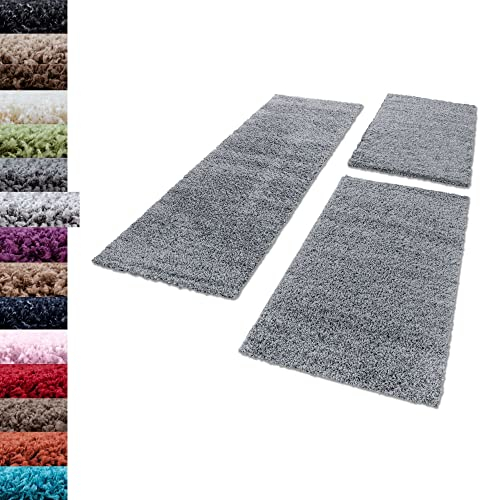 Carpettex Bettumrandung Schlafzimmer 3teilig Shaggy Teppich Hochflor Einfarbig Hellgrau Bettset:2 mal 60x110 + 1 mal 80x150 - Bettvorleger Schlafzimmer Läuferset Weich Flauschig Bettumrandung Teppich
