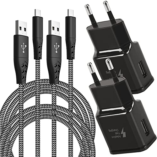 2 Pack Ladegerät mit 2m Nylon Ladekabel USB C für Samsung Handy und Tablet | 15W Schnellladegerät Netzteil mit Typ C Schnellladekabel Für Galaxy S8/S9/S10/S10e/S20/S21/S22/S23/A51/A40/A30/A17/Z Flip3
