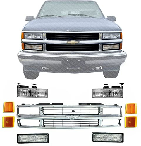 US AUTO PARTS PLUS New Front Grille Chrome Shell Primed Insert + Headlights + Signal Lamps + Reflector Upper & Lower RH & LH Side Direct Replacement For Chevrolet C/K 2500 3500 / Suburban 1994-2000
