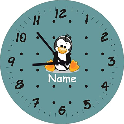 Shirtinstyle Kinderzimmeruhr mit Tiermotiv Pinguin mit Wunschnamen Geschenk Uhr Kinder Handmade Wanduhr Wunschtext Name, 20cm, Farbe Ozeangreen