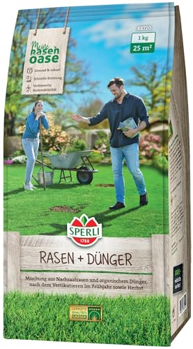 SPERLI's Rasen + organischer Dünger 1 kg für 25 m² - Nachsaatrasen mit Schnellkeimenden Rasensamen & Organischem Bodenaktivator, Ideal für Rasenkur & Rasenlücken im Frühjahr/Herbst