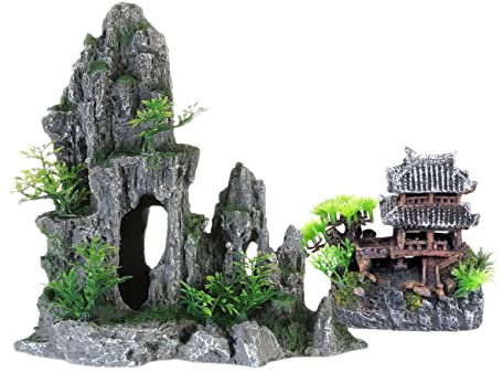 AWXZOM Extra großes Aquarium-Dekorationsset – Antike Tempel im Berg, japanische Aquarium-Dekorationen, Kunstharz, Aquarium, Schloss, Dekorationen für Aquarium, Bergblick, Stein