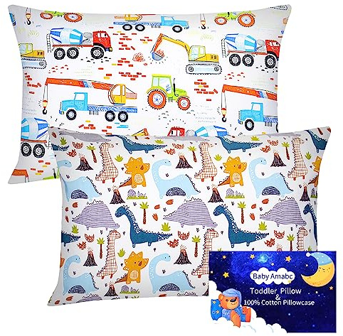 Baby Toddle Pillowcase 2 Pack 100% Cotton Pillow Cover, Cot Bed Pillow Pair Cases 40x60cm Gifts for Children's Day Dinosaur Construction vehicles