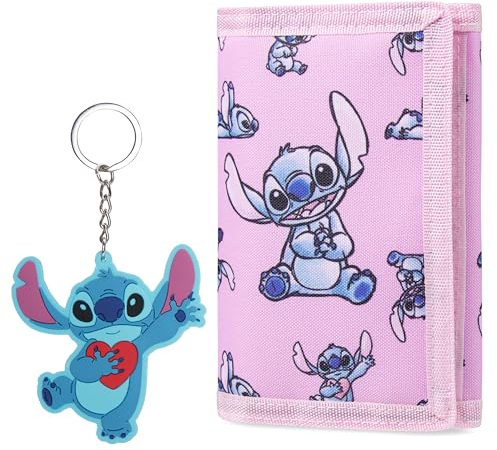 Disney Geldbörse Mädchen mit Schlüsselanhänger Kinder, Stitch & Frozen Geldbeutel Kinder Set - Mädchen Geschenke (Rosa Stitch)