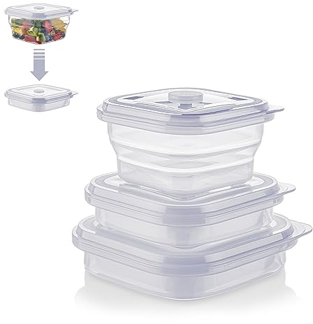 KLIPPSI® Lunchbox faltbar- Brotdosen Frischhaltedosen aus Platin Silikon hitze-kältebeständig, auslaufsicher, spülmaschinengeeignet (transparent, 3er Set 400ml-600ml-900ml)