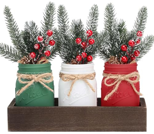 Winter Mason Jars, Winter Centerpieces for Tables, Wood Tray & 3 Painted Decorative Jars, Christmas Table Centerpieces Decoration, Farmhouse Dining Table Kitchen Decorations Home Decor