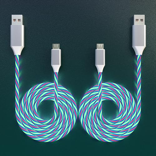 2 Packs Micro USB Cable Android Charger, 6.6FT Led Light Up Glowing USB A to Micro Fast Charging Cord for Android, Samsung Galaxy S7, Note 5, Kindle and Other Micro USB Devices(Colorful&Colorful)