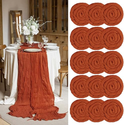 Seihtuch-Tischläufer, Terrakotta, halbdurchsichtig, 55 x 300 cm, rostrot, rustikaler Gaze-Boho-Tischläufer, Hochzeitstischdekoration, Tischdecke für Brautparty, Party, Hochzeit, Urlaub, 15 Packungen