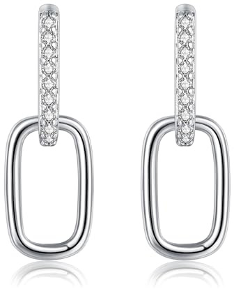 Deyanse Silver Double Oval Hoop Earrings for Women, 925 Sterling Silver Convertible Link Earrings, Hypoallergenic Paperclip Link Chain Earrings with Zircon, Small Drop Dangle Huggies Round Earring