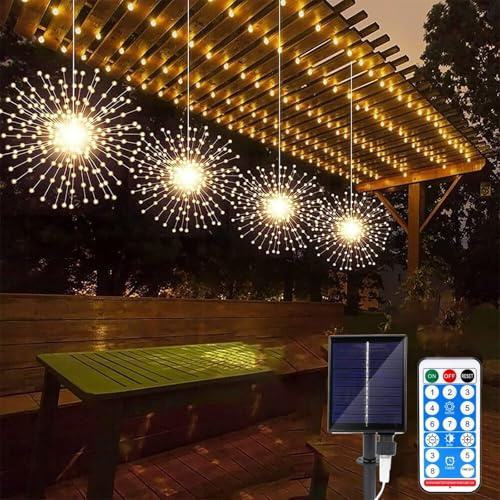 EONANT 4 Pack Solar Fuegos Artificiales Luces, 480LED Impermeable Colgante Hadas Luces de Jardín, 8 modos de iluminación con mando a distancia, Terraza Fiesta Navidad Boda Decoración(Blanco Cálido)