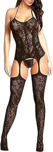 AWAVM Dam fisknät linne bobystrumpa babydoll bodysuit nattkläder perspektiv underkläder miniklänning en storlek, Svart, en storlek