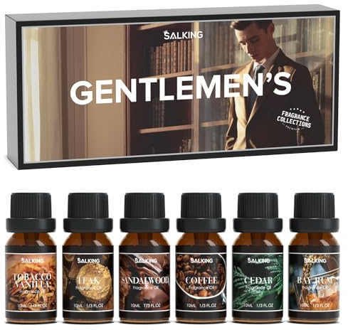 SALKING Juegos de Caballeros de Aceites Esenciales, 6 x 10 ml Aceite de Fragancia Masculina para Difusor, Regalo para Hombres - Café, Teca, Cedro, Sándalo, Tabaco Vainilla, Ron de Laurel