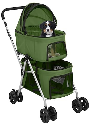 FENLAX Hundewagen für 2 Hunde Faltbar Grün Oxford-Gewebe 83x48x97cm Hundebuggy für Kleine Hunde Wagen für Katzen Katzenwagen für Draußen Wagen für Hunde Haustier-Buggy für Hunde und Andere Haustiere