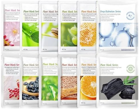 12pcs Moisturising Sheet Face Mask, Sheet Masks Multipack for Purely Natural Plant and Fruit Organic Extracts Moisturizing Repairing, Face Masks Skincare Sheet with Firming Brightening