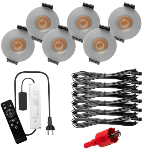 S-Polytec PREMIUM Mini LED- Einbauspots Warmweiss 3.000K, DIMMBAR, IP65, FUNK 3W Einbaustrahler Terrassenüberdachung, Bad, Sauna mit Fernbedienung (SILBER, 6x LED-SET)