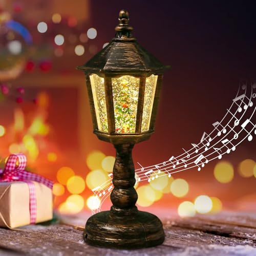 Weihnachtsdeko Laterne, Weihnachts Schneekugel Laterne mit Musik, Weihnachten Deko, Weihnachtslaterne Vintage mit Glitzernde Schneekugel Nachtlicht, USB und Batteriebetrieben für Kamins Tischdeko