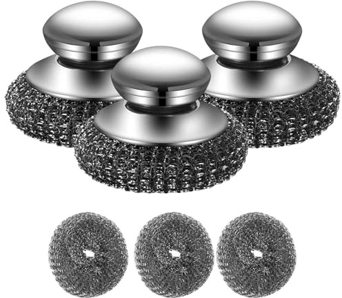 Edelstahl-Schrubber mit Griff, Geschirrschrubber aus Stahlwolle, robuste Spülbürste mit Ersatz-Pads, kleine Küchenhelfer für Töpfe, Pfannen, Grills, Spülenreinigung (3 Stück)