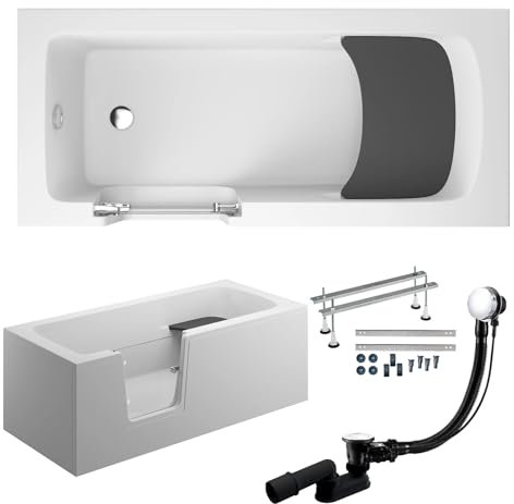 BADLAND Premium SET 6in1 Badewanne Rechteck Acryl Weiß Wanne, Seniorenbadewanne mit Glastür und Holzsitz VOVO 150x75 cm, Links mit AcrylSchürze, Made in EU, mit Ablaufgarnitur und Füßen