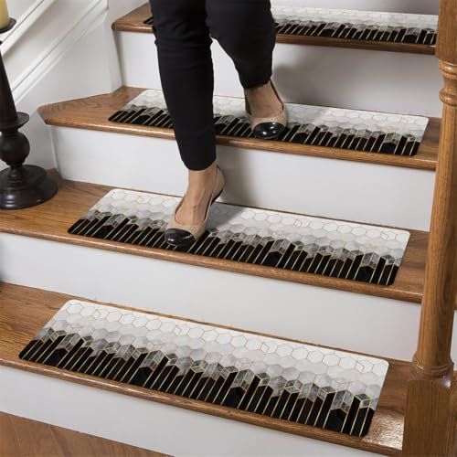 Surwin 5 Piezas Alfombras de Escalera Antideslizantes Mármol Moderna Pisadas Antideslizantes para Escaleras de Madera, Suave Interior Alfombras Escalera con Respaldo de Goma (76x20cm,Negro)