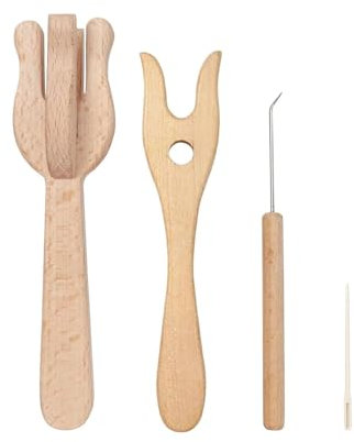 Geflochtenes Holzwerkzeug-Set, Strickgabel und Nadel-Set mit großem Öhr, Holzgabel, Flechtset zum Stricken, Basteln, 4-teilig