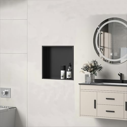 304 Edelstahl Wandnische Dusche, Badezimmerablagen & -Regale Nische für Duschwand Duschnische Unterputz, Fernsehen Lagerregal, Einbau Wandaufbewahrungsregal für Schlafzimmer(Schwarz,32 x 32 x 12.5 CM)