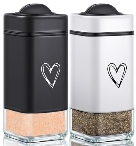 Salz- und Pfefferstreuer-Set mit verstellbaren Ausgießlöchern, niedliches Herzmuster, Salzstreuer mit transparentem Glasboden, nachfüllbarer Salzstreuer, perfekt für Küchenhelfer, Kochtisch (schwarz +