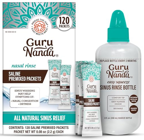 GuruNanda Sinus Rinse Bottle & Saline Premixed Packets 120ct - All Natural Sinus Rinse Packets to Help with Allergies & Congestion Relief, 0.08oz Each