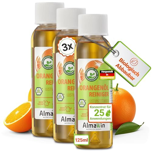 AlmaWin® Orangenölreiniger ÖKO [3x 125ml] ideal als starker Allesreiniger & Fettlöser - Veganes Orangenreiniger Konzentrat mit fruchtigem Duft - Besonders ergiebiger Orangenöl Reiniger