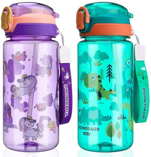 2 Stück Trinkflasche Kinder,600ml Sport Wasserflaschemit Strohhalm,Auslaufsicher Flip-Top-Deckel Tragbare Kinder Wasserflasche Geeignet für Mädchen und Jungen(Green Dinosaur,Lila Einhorn)