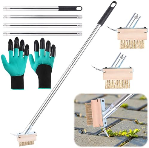 Shinybox Fugenbürste Unkraut, 160 cm Edelstahlstiel mit 2 Unkrautbürste mit Fugenkratzer und Gartenhandschuhen, Unkrautbürste für Pflastersteine und Mauerkanten, Entfernt Mühelos Moos und Unkraut