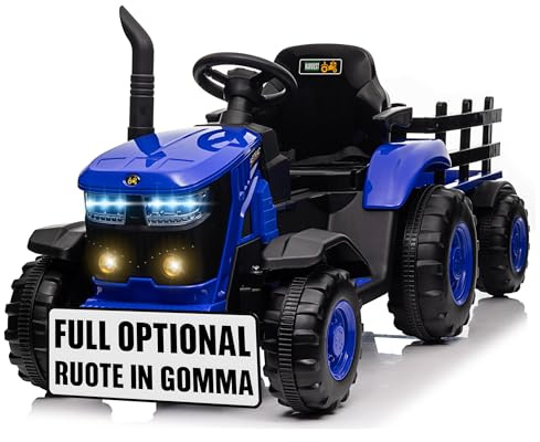 Trattore Elettrico per Bambini 12V con Ruote in Gomma e Rimorchio – Maxi Trattore a Batteria con Telecomando, Soft Start, Cintura di Sicurezza, Luci LED, MP3 USB, 2 Motori 35W (Blu)