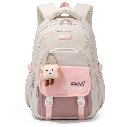 Amythe Girls skolväska, 40,6 cm skolryggsäck för flicka ålder 9-16, barnbokväska med hänge för grundstadiet mellanstadiet, Rosa, 21cm x 31cm x 45.5cm