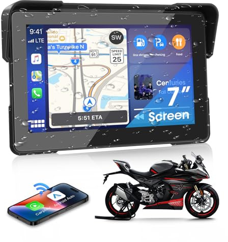 Carplay Moto e Android Auto 7 Pollici Navigatore Moto Portatile Senza Fili con Motociclette Navigazione, Supporto Siri/G-oogle Assistant, Bluetooth, IP67 Impermeabile per il Viaggio Pendolare
