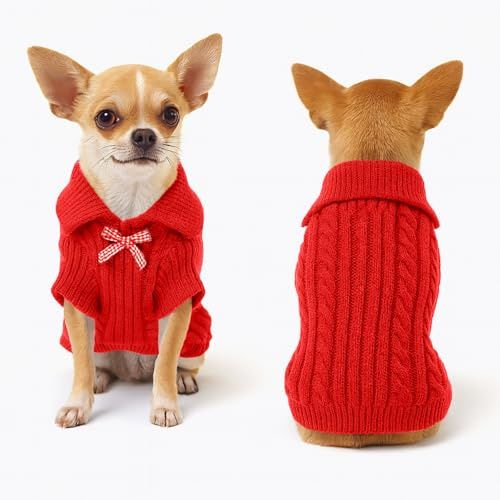 Peybaiwy Kleiner Hundepullover für Hunde und Katzen, Strick Latzbogenpullover, Herbst Winter Warmer Mantel, Polyester, Rot, XL