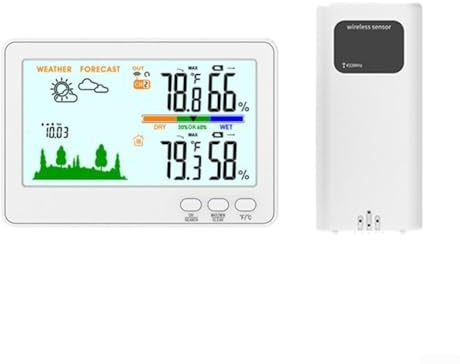 Station météo sans fil avec thermomètre et hygromètre, écran couleur LCD, surveillance de la pression de l'air, température intérieure et extérieure, données d'humidité (blanc)