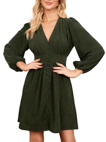 EZAPINE Damen-Minikleid aus Cord, V-Ausschnitt, A-Linie, Knopfleiste, Puffärmel, Herbstkleider, Grün , X-Groß